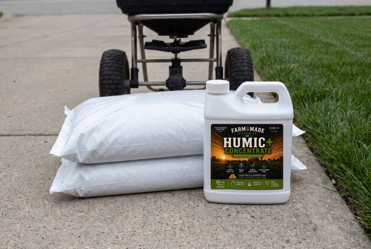 A 32 oz jug of Humic+ Concentrate standing beside two bags of lawn fertilizer on a driveway, with a broadcast spreader behind