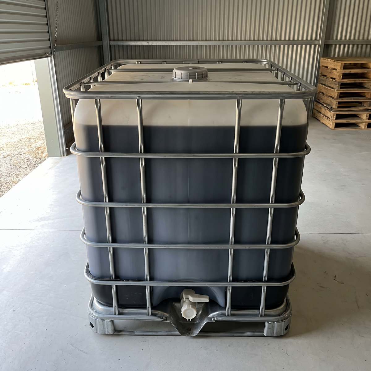 A 275 gallon IBC tote of Humic+ concentrate, the black liquid visible through the translucent wall, in a farm shed
